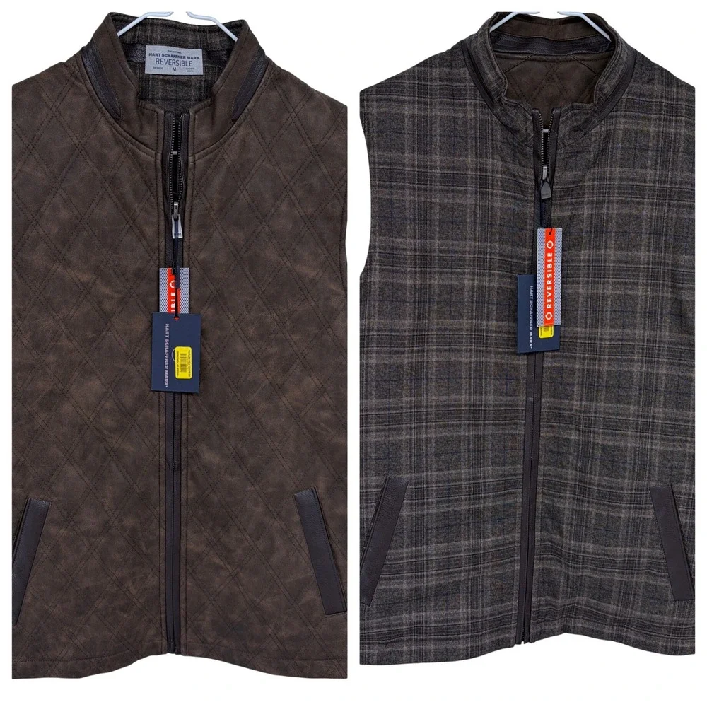 NEW Hart Schaffner Marx Plaid Reversible brown Leather Vest Medium MSRP $195‎